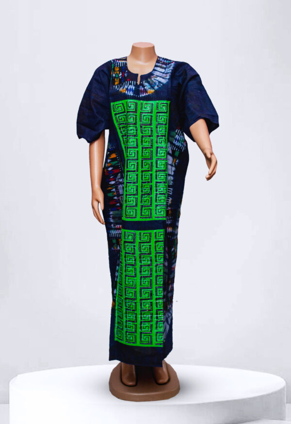 Green  Square Pattern Adire Kampala Long Gown