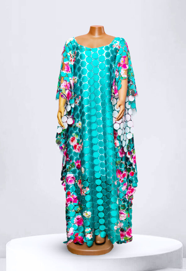 Turquoise Floral Maxi Women African Lace Kaftan Dress