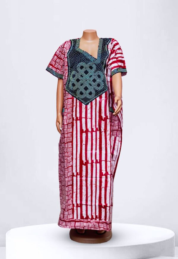 Red & White Pattern Adire Kampala Long Gown