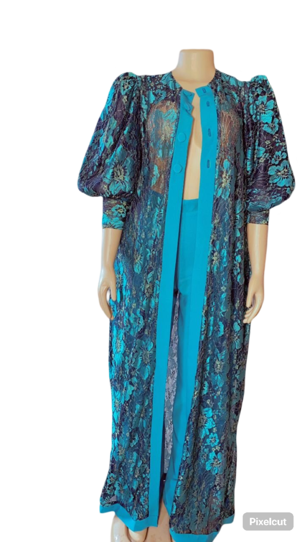 African Women in Lace Kimono Jacket and Pants (Green) - Image 2