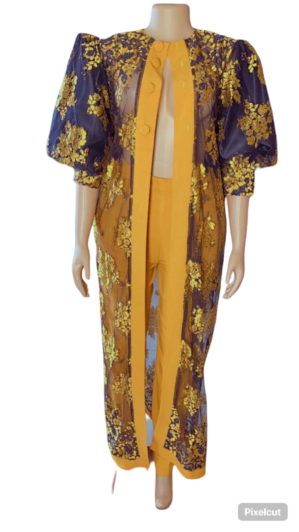 African Women in Lace Kimono Jacket and Pants (Yellow) - Image 2