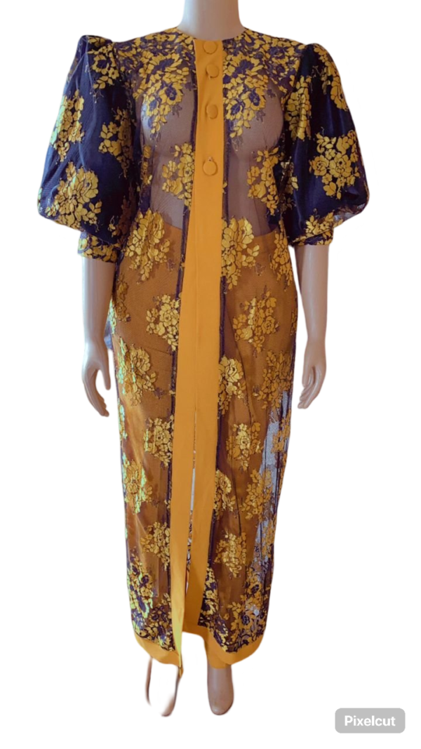 African Women in Lace Kimono Jacket and Pants (Yellow)