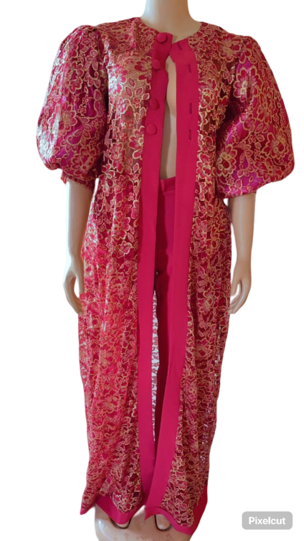 African Women in Lace Kimono Jacket and Pants (Red) - Image 2