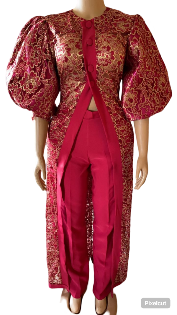 African Women in Lace Kimono Jacket and Pants (Red)